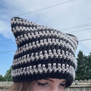 Handmade Crochet Cat Beanie - Black & Gray